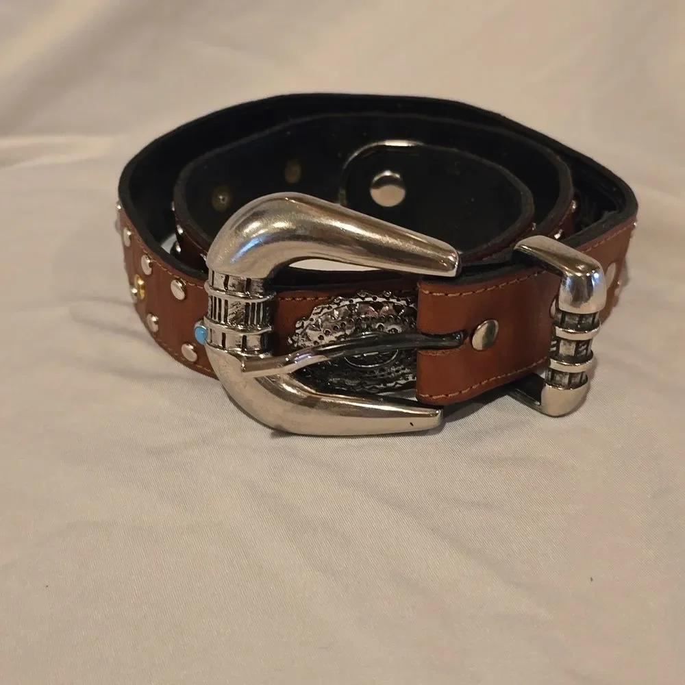 Western Studded Brown Leather Belt with Silver Buckle,34' Inch NWOT!